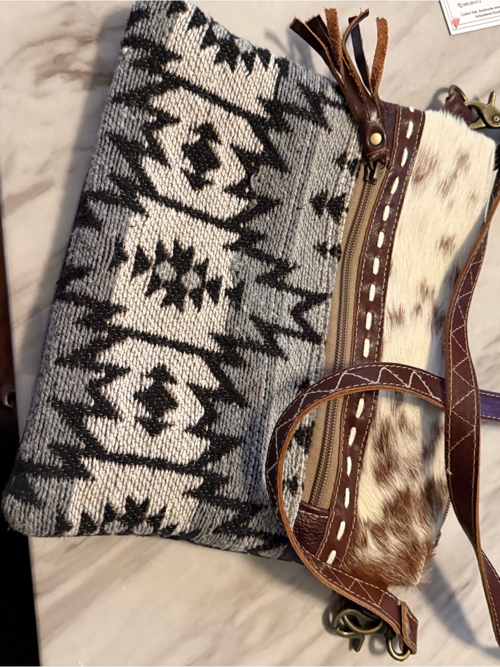 New Myra Handcrafted Aztec Pattern Crossbody Bag with Leather & real Cowhide.